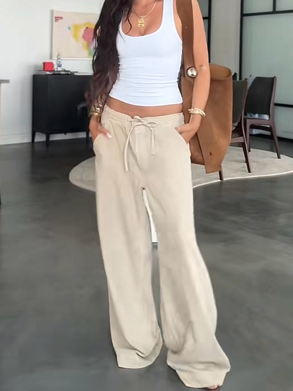GAP Women's Beige Wide-Leg Drawstring Pants
